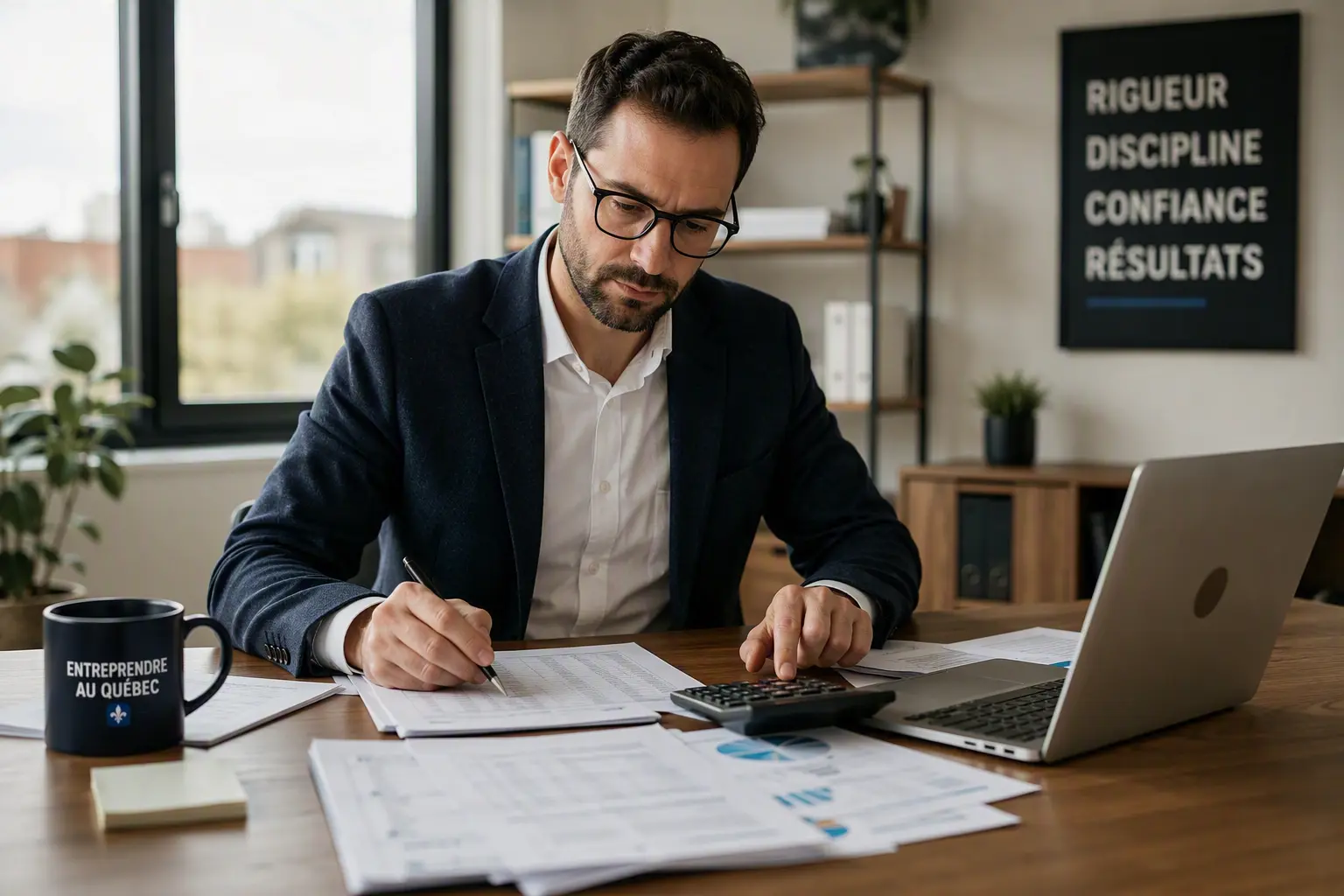 Entrepreneur québécois à son bureau révisant des documents fiscaux, une calculatrice et un ordinateur portable
