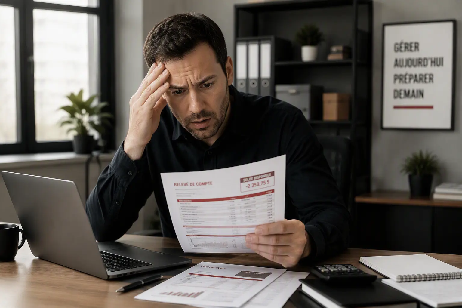 Propriétaire de PME surpris en consultant une facture d'impôt ou un relevé bancaire montrant un manque de liquidités