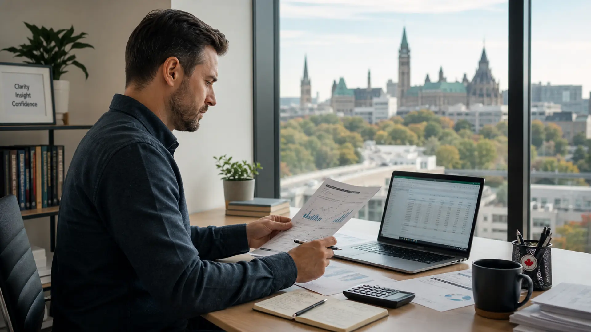 Canadian small business owner reviewing business documents and financial records at a desk